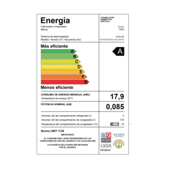 Freezer Vertical TEM 167lts T0UFRV2505001